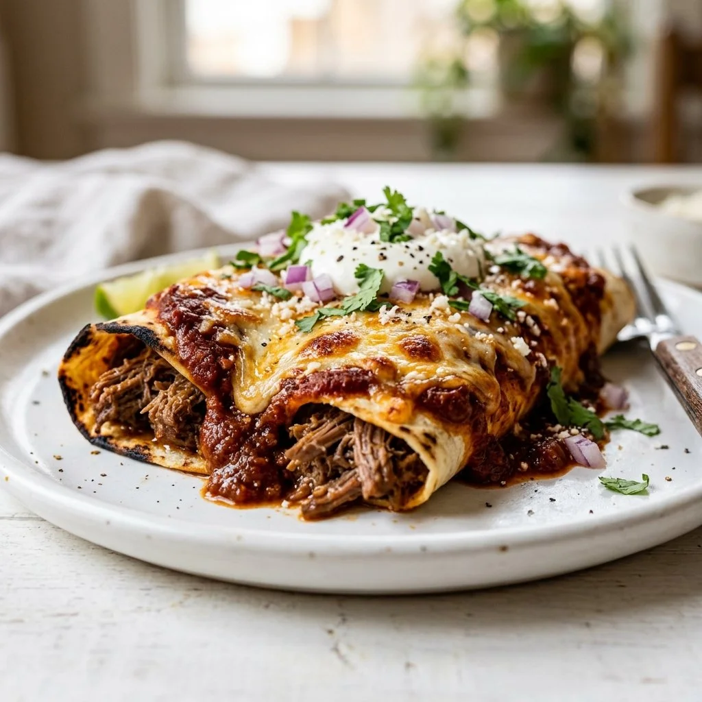 Delicious beef enchiladas topped with cheese and garnished with cilantro
