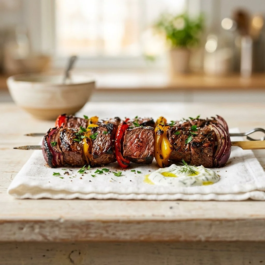 Grilled beef kabobs with vegetables on a skewer