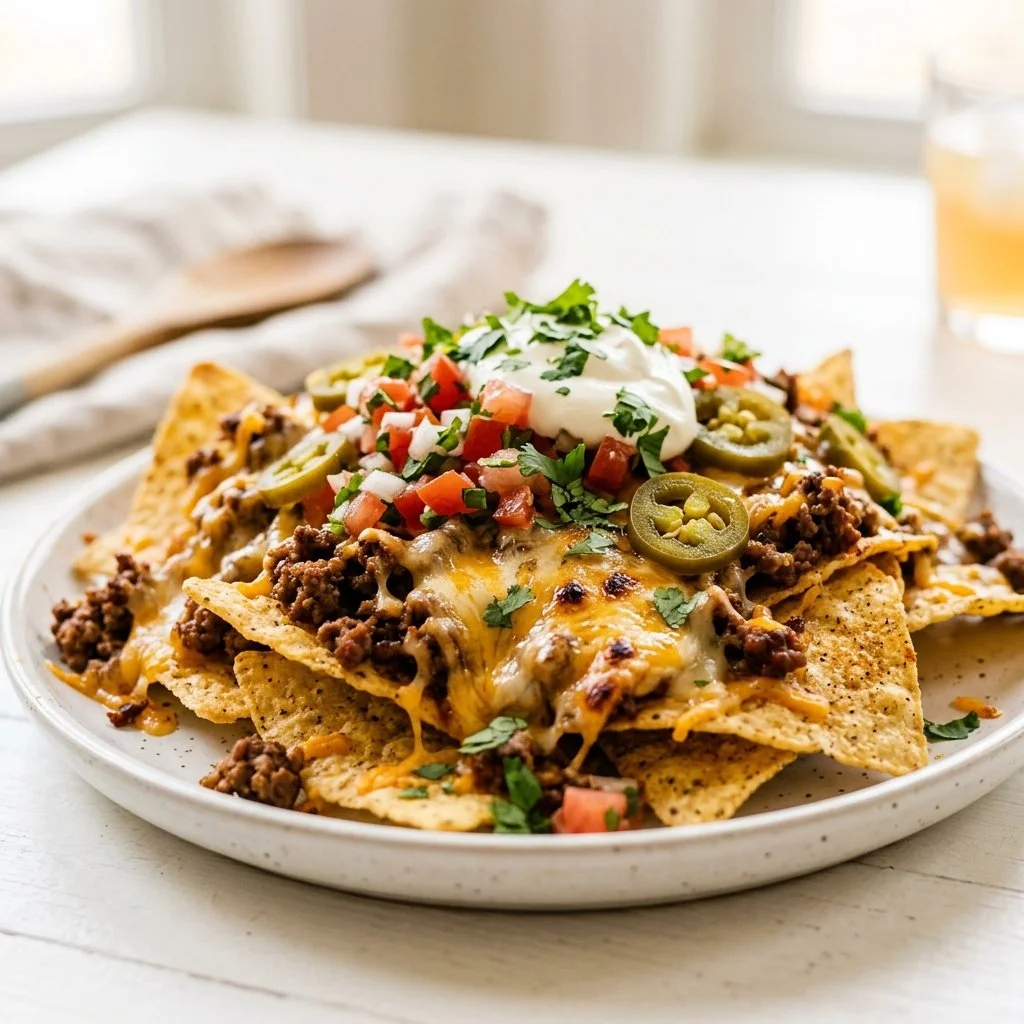 Delicious beef nachos topped with melted cheese, jalapeños, and fresh ingredients