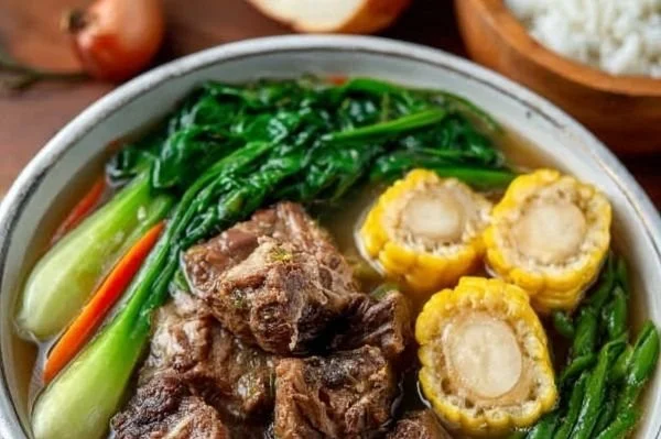 A bowl of savory Beef Nilaga soup with tender beef and vegetables