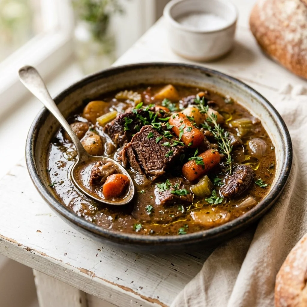 Delicious homemade beef stew with tender meat and vegetables in a rich broth.