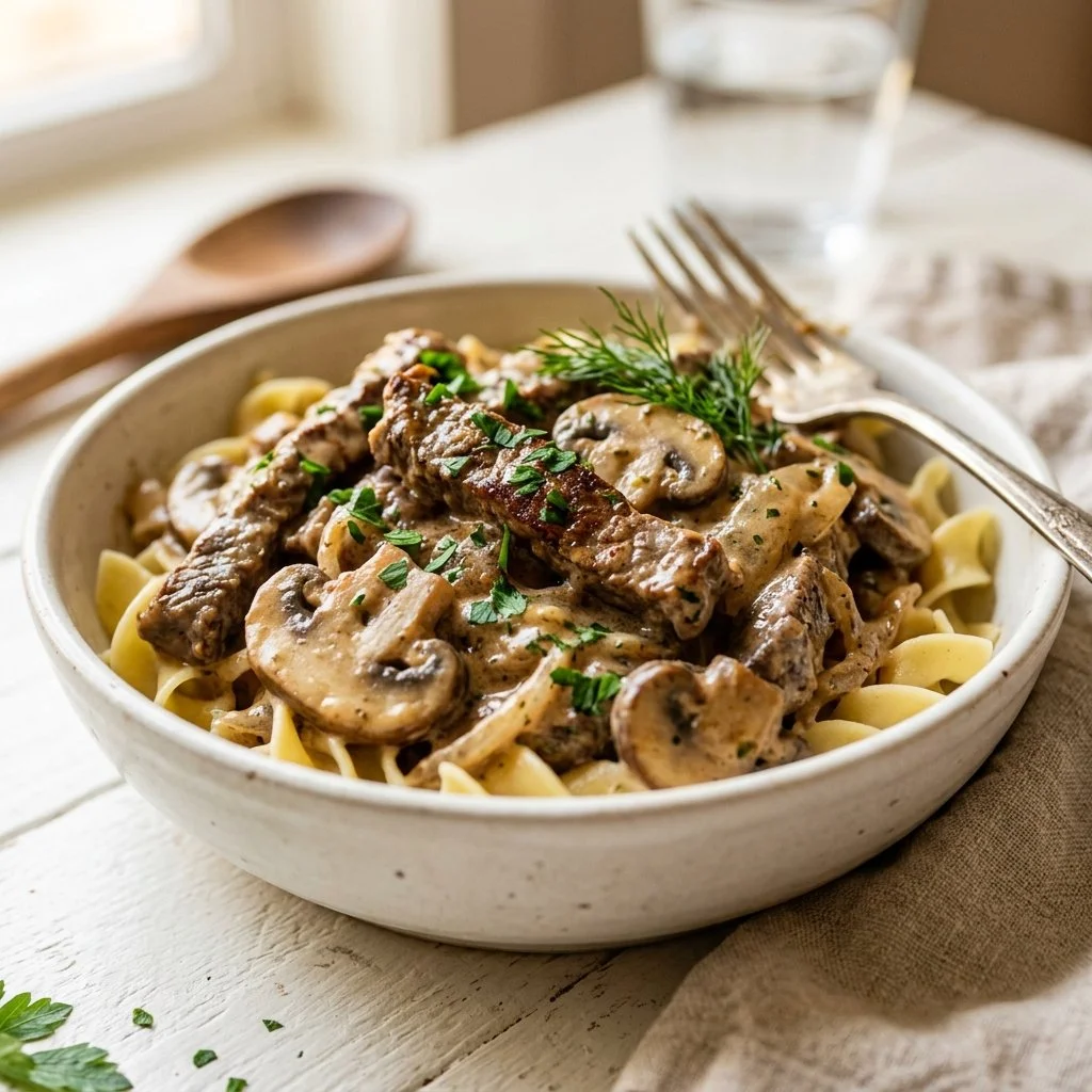 Delicious beef stroganoff served over pasta with a creamy sauce and mushrooms.