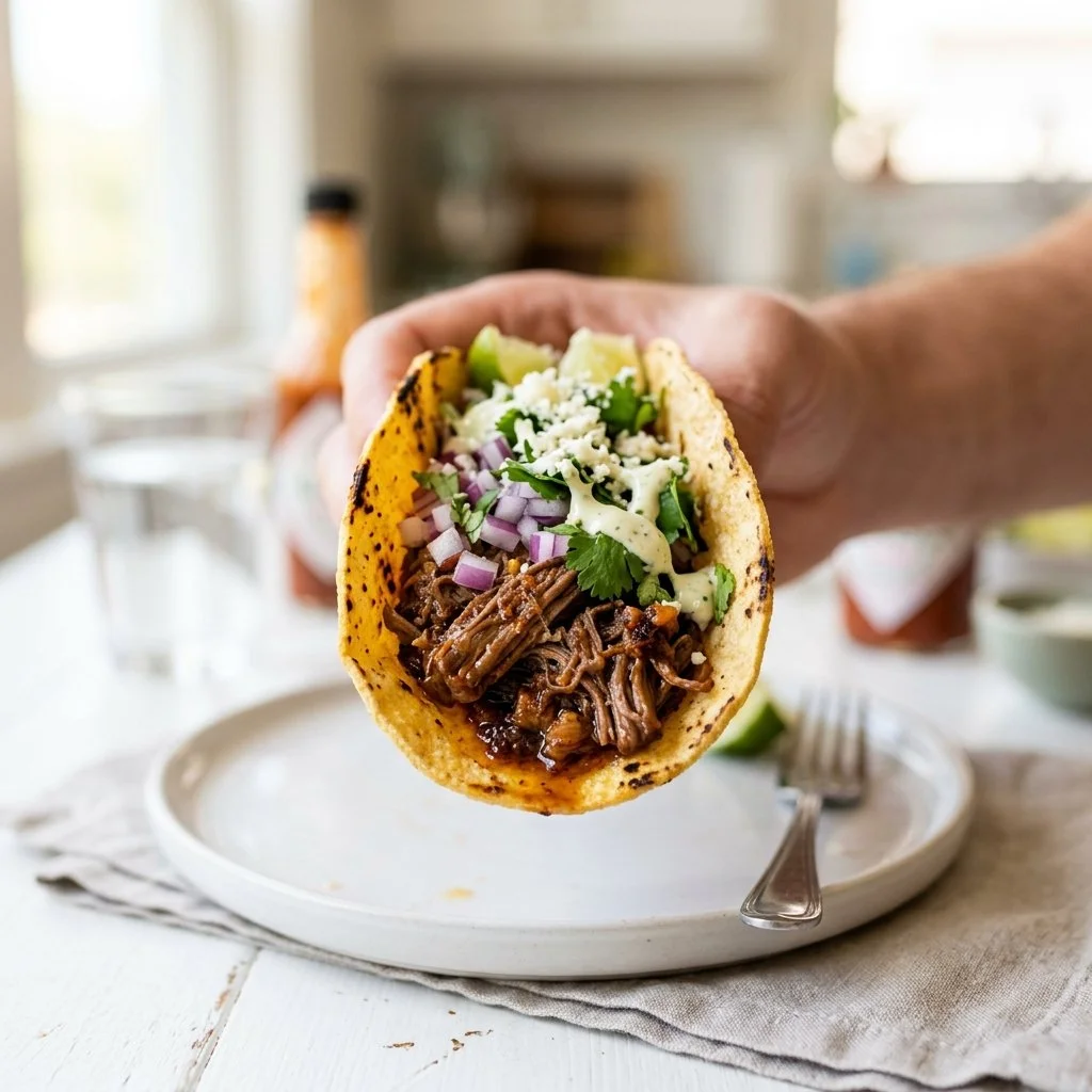 Plate of delicious homemade beef tacos with fresh toppings