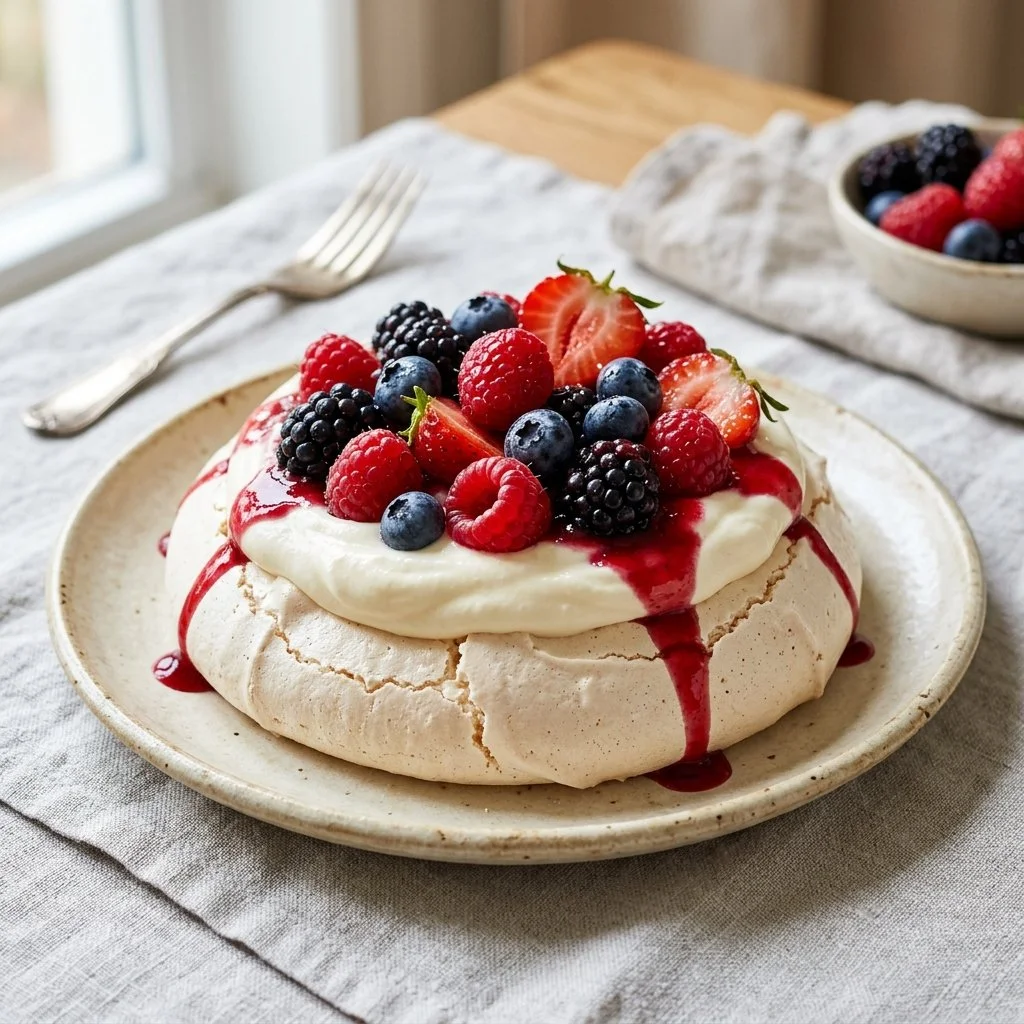 Delicious Berry Pavlova topped with seasonal berries and whipped cream