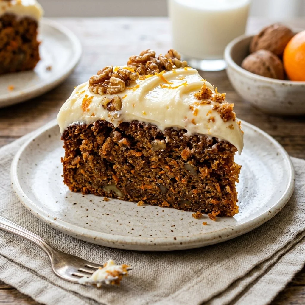 Delicious slice of homemade best carrot cake with cream cheese frosting