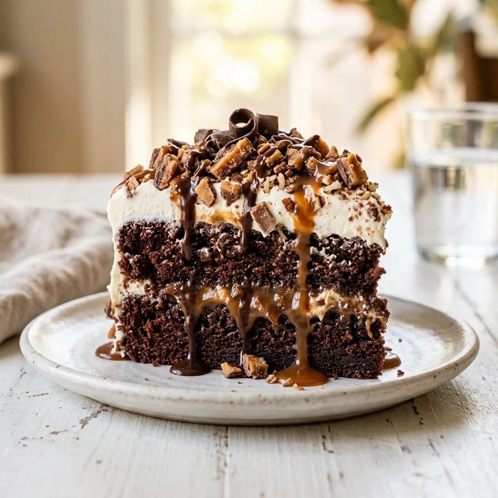 Delicious slice of Better Than Sex Cake topped with whipped cream and chocolate