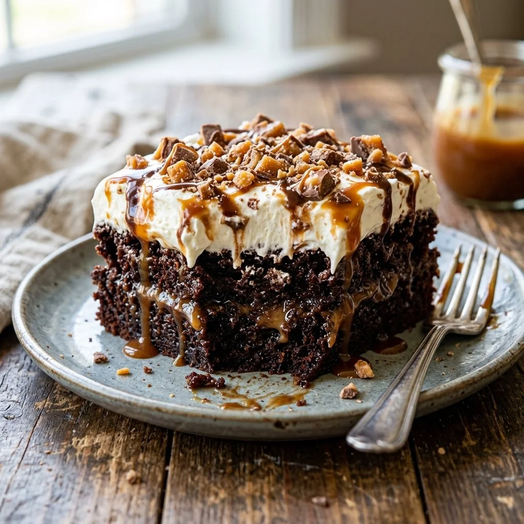 Delicious slice of Better Than Sex Cake topped with chocolate and caramel