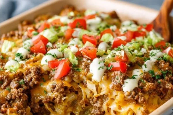 Big Mac Casserole showing delicious layers of beef, cheese, and toppings.