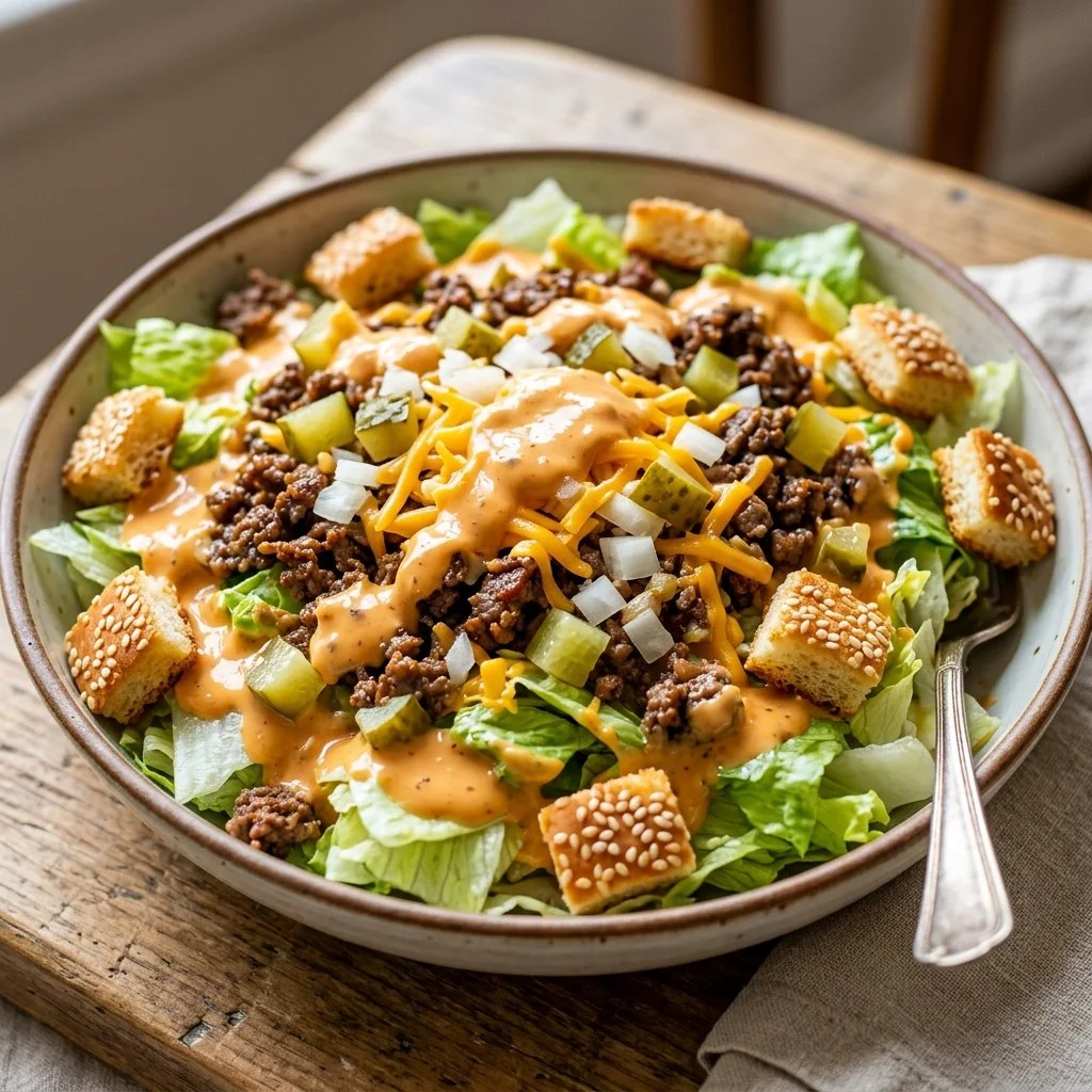 Delicious Big Mac Salad with lettuce, beef, cheese, and special sauce.
