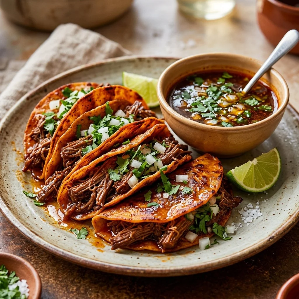 Delicious birria tacos served with fresh herbs and lime for added flavor.