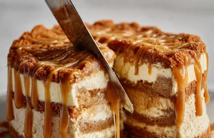 Delicious Biscoff caramel cheesecake with a cookie crust and caramel topping