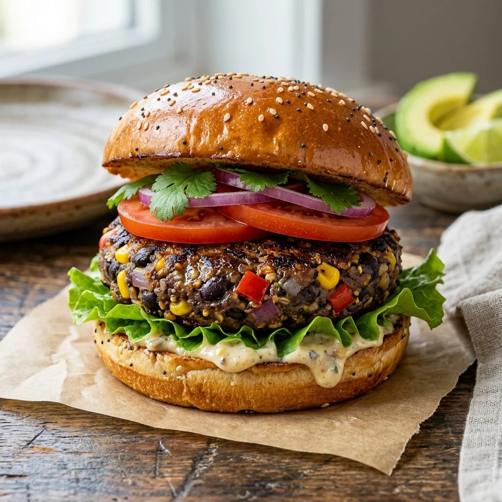 Homemade black bean burgers served with fresh toppings and side salad.