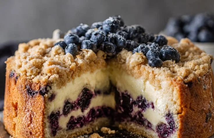 Blueberry cheesecake cake topped with fresh blueberries and a creamy filling.