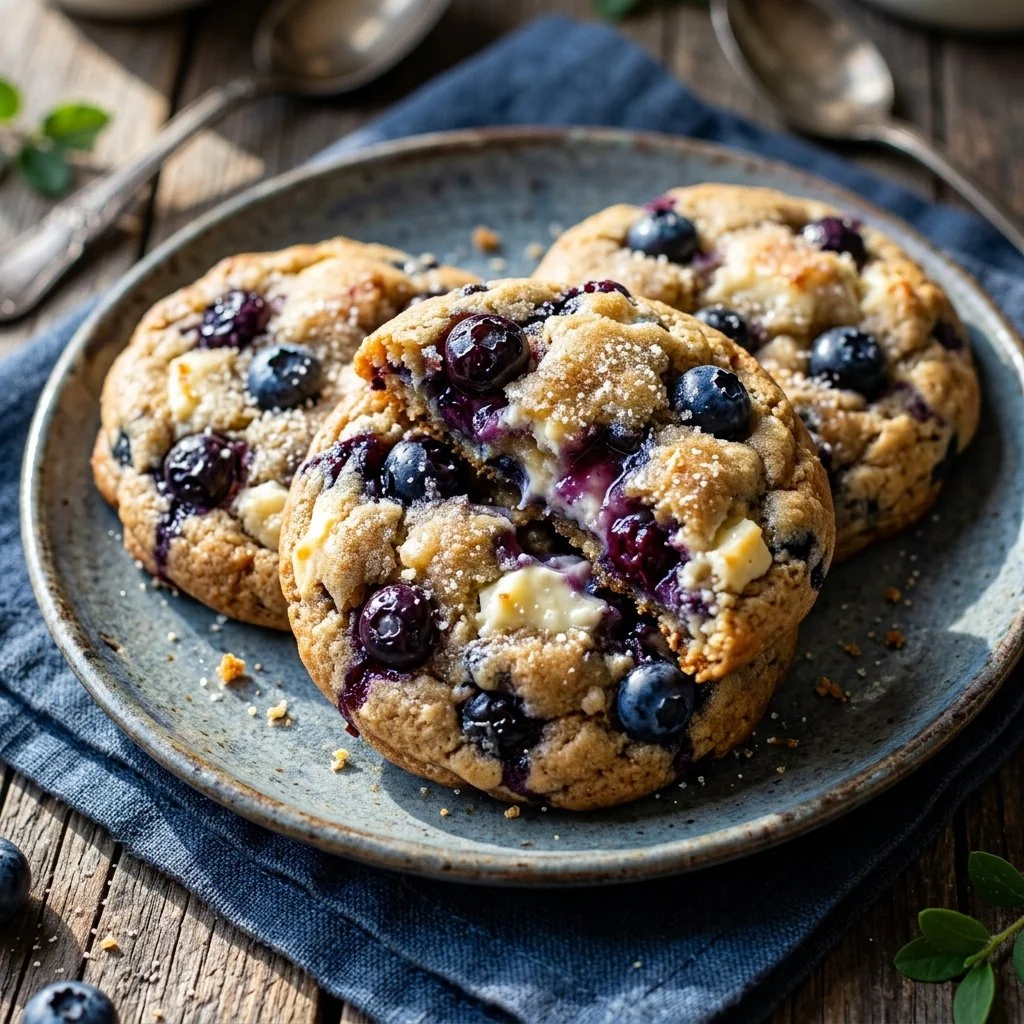 Delicious blueberry cheesecake cookies with a creamy filling and blueberry topping.