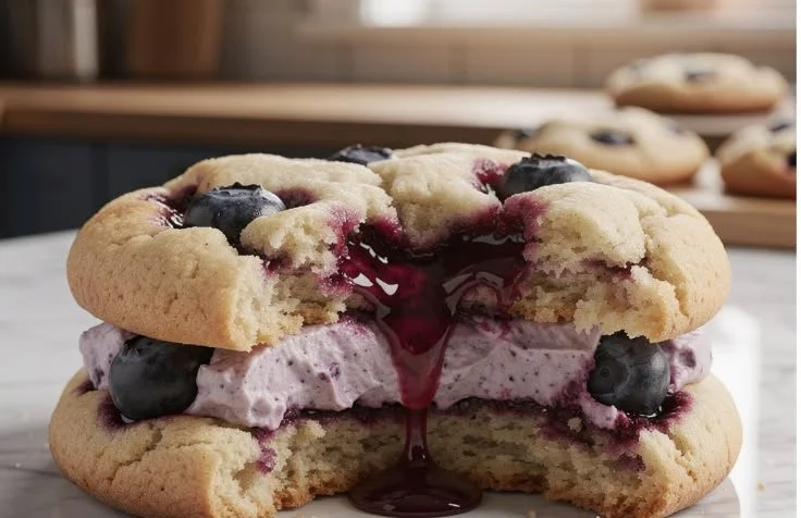 Freshly baked Blueberry Cream Cookies with blueberries and cream