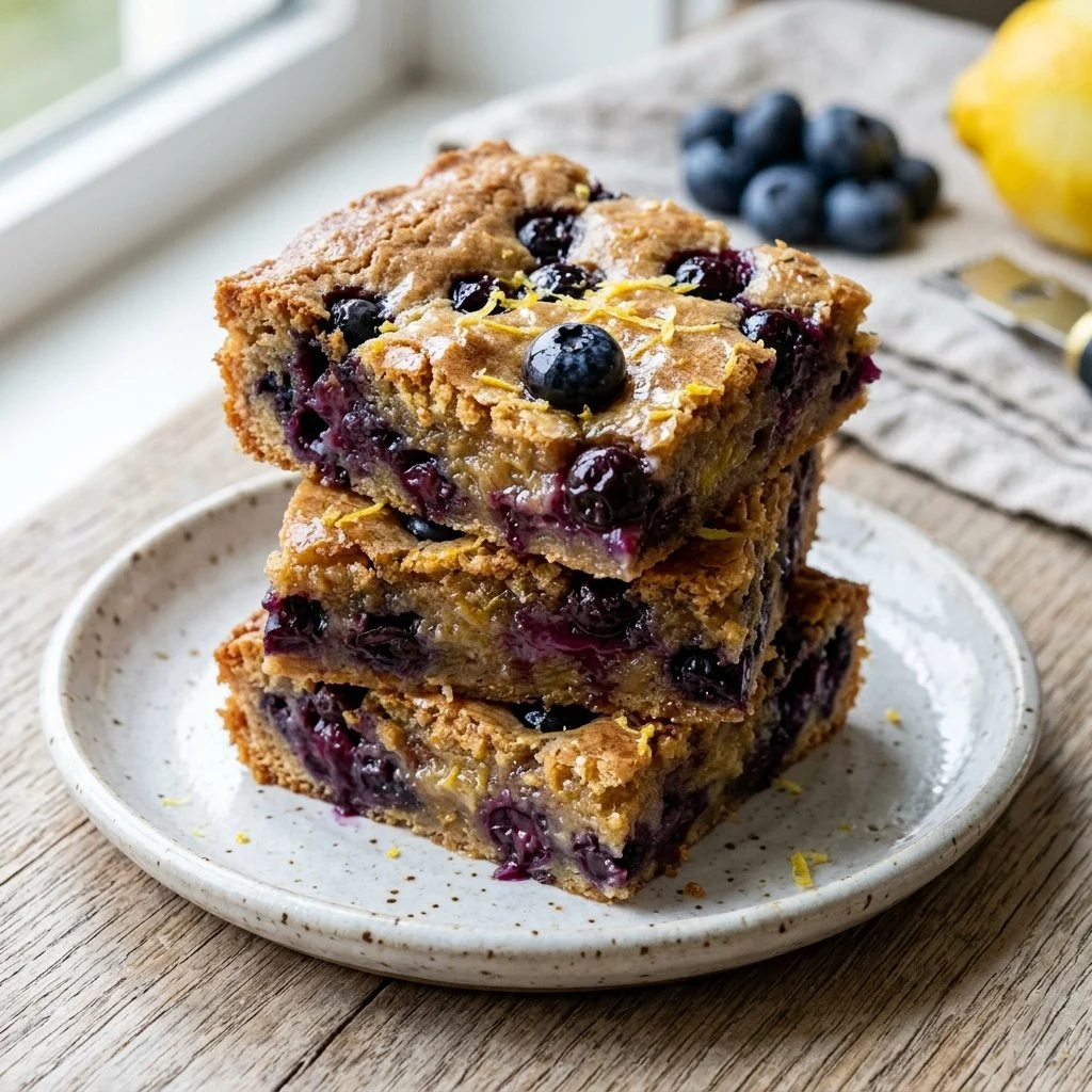 Freshly baked Blueberry Lemon Blondies with blueberries and lemon zest