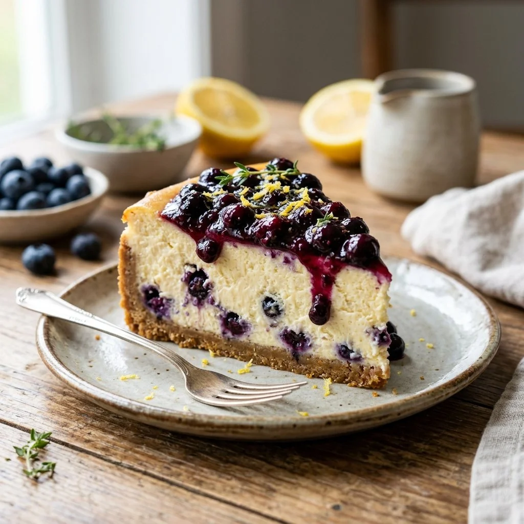 Blueberry lemon cheesecake topped with fresh blueberries and lemon slices