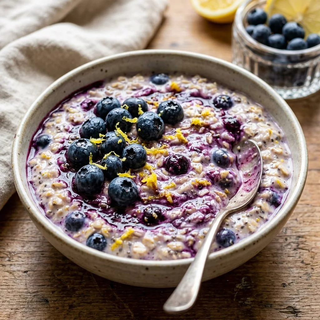 Bowl of blueberry lemon overnight oats topped with fresh blueberries and lemon zest