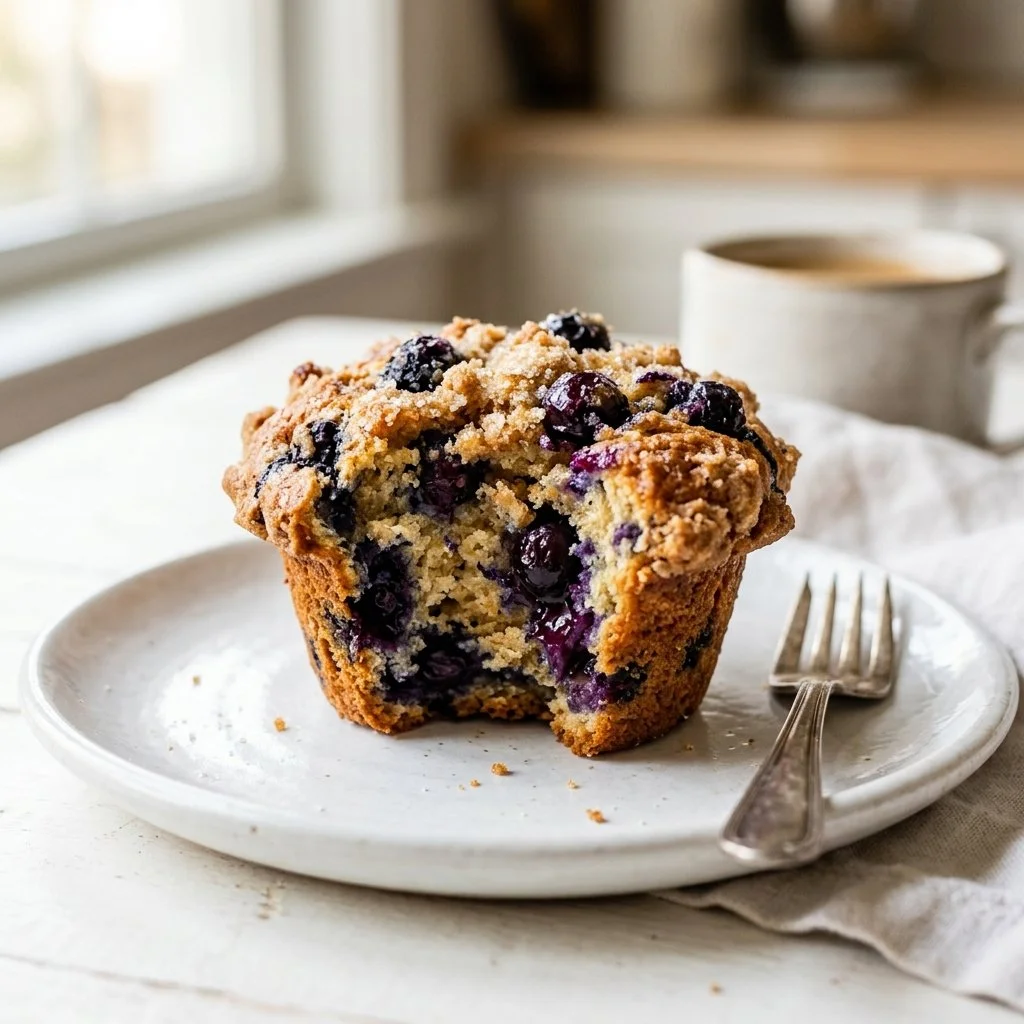 Freshly baked blueberry muffins with a golden crust and juicy blueberries.