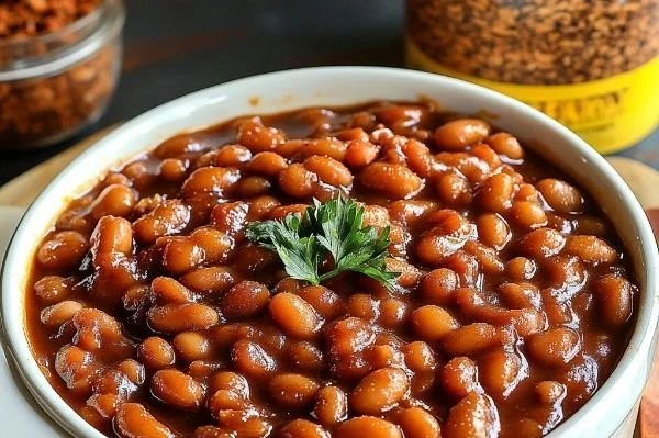 Delicious homemade Boston Baked Beans served in a rustic dish