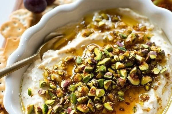 Delicious Boursin cheese appetizer with herbs and crackers for a party.