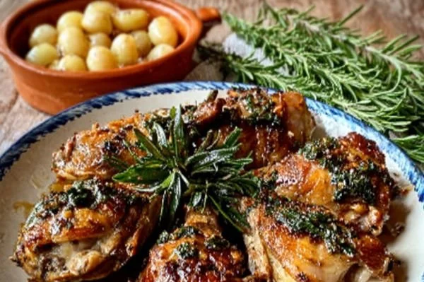 Delicious braised rabbit with rosemary and garlic, plated beautifully