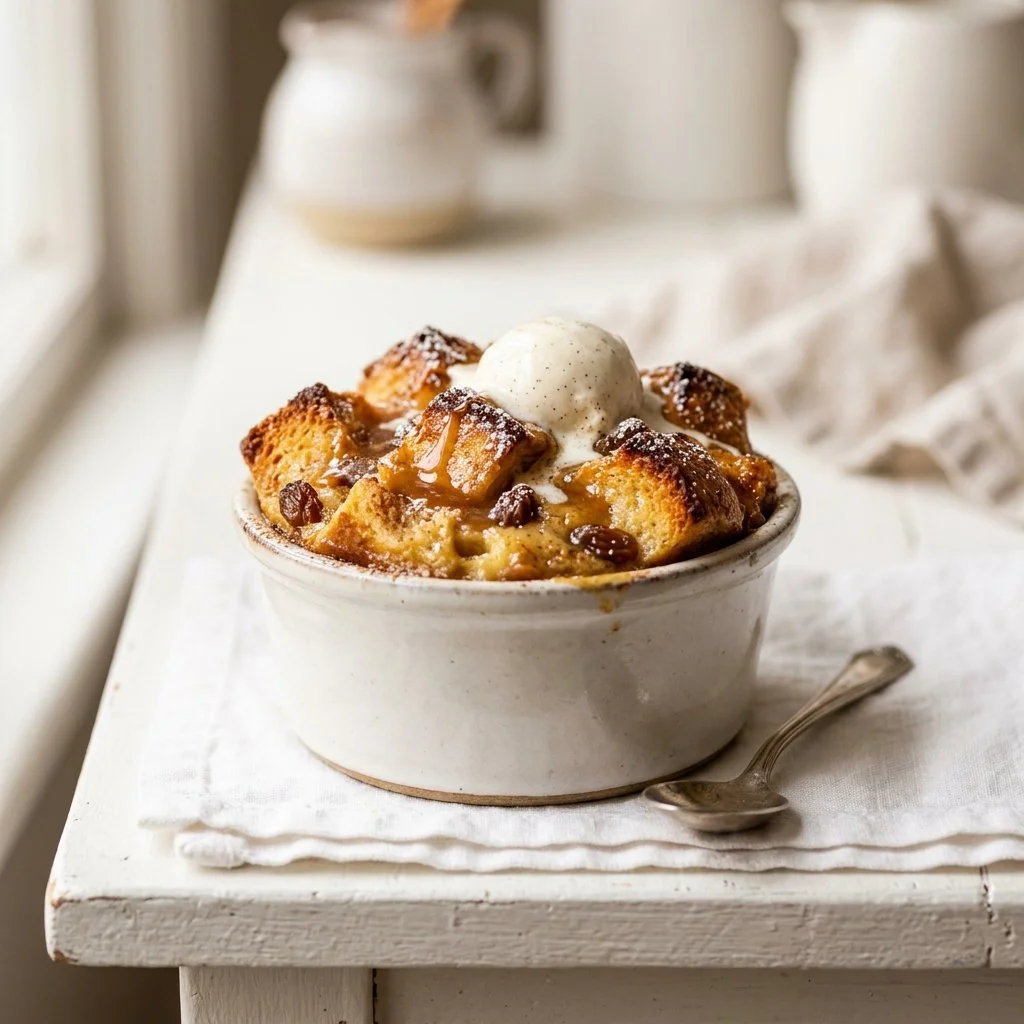Delicious homemade bread pudding served in a bowl with caramel sauce