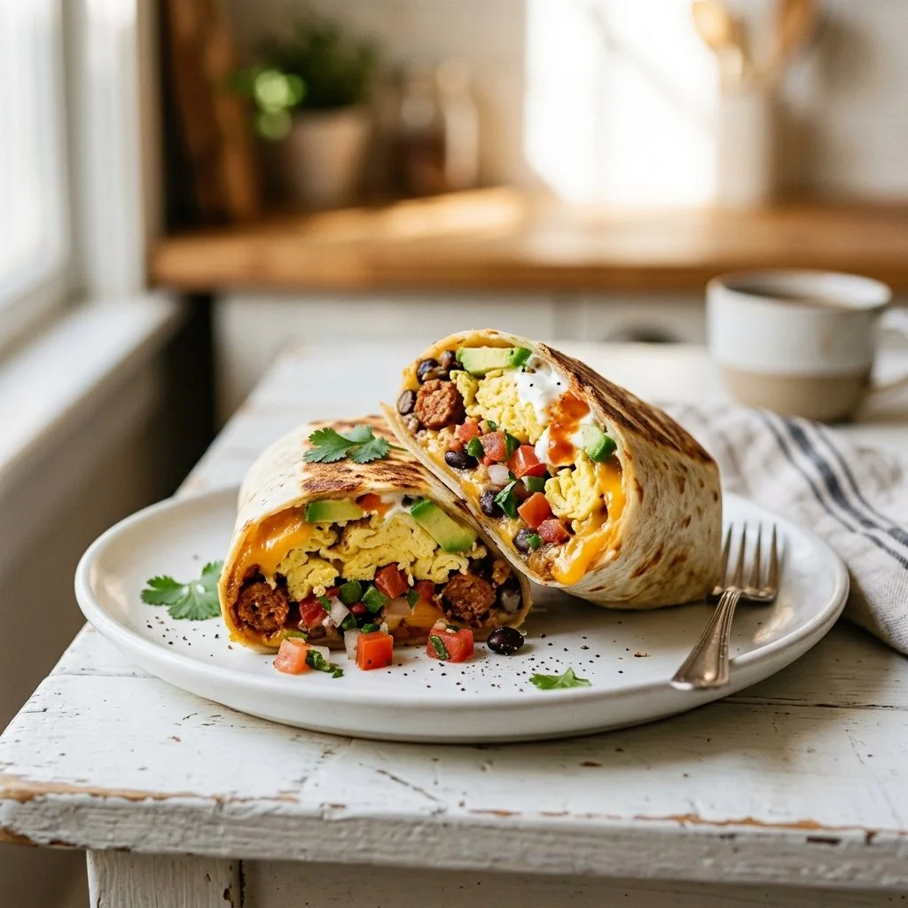 Delicious homemade breakfast burrito filled with eggs, cheese, and vegetables.