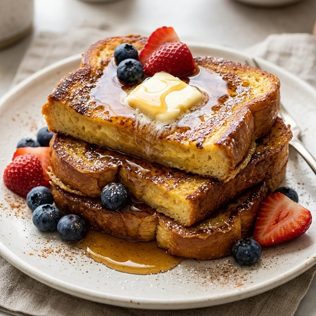 Deliciously fluffy Brioche French Toast served with syrup and berries