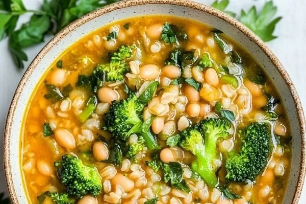 Bowl of creamy broccoli soup with barley and cannellini beans.