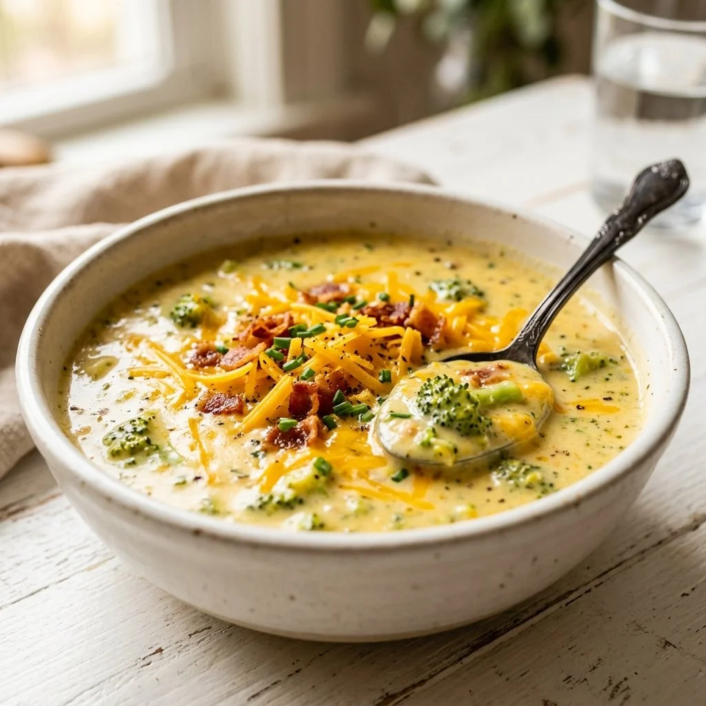 Delicious bowl of broccoli cheddar soup garnished with fresh herbs.