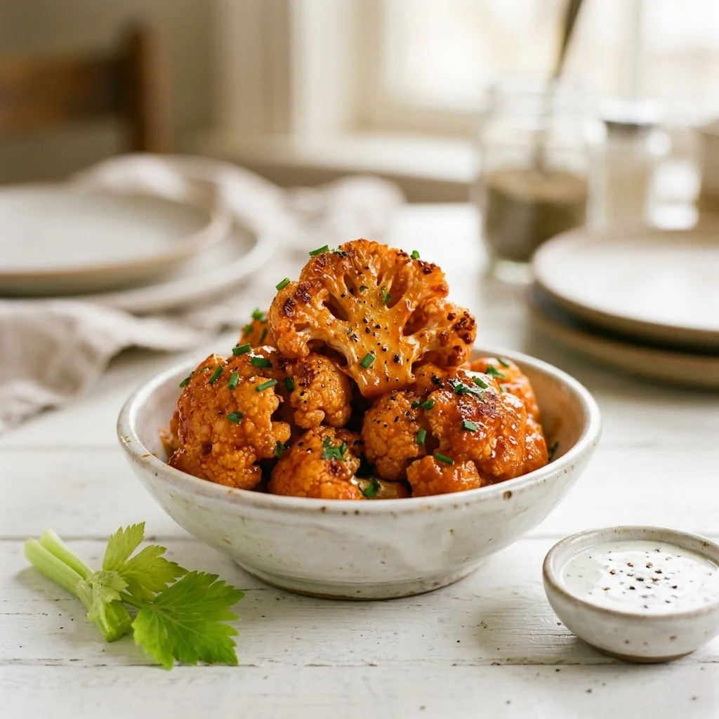 Plate of crispy Buffalo Cauliflower bites garnished with celery and blue cheese dip