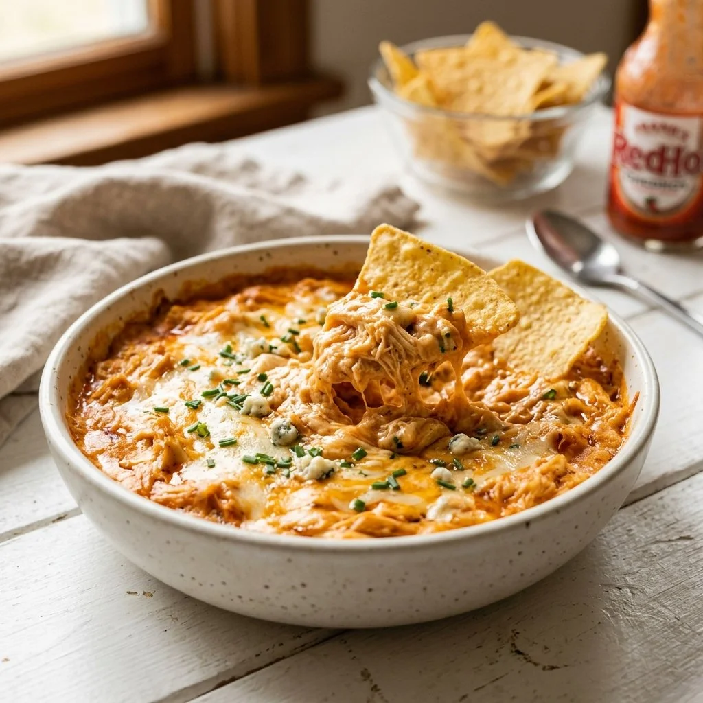 Delicious homemade Buffalo Chicken Dip served in a bowl with tortilla chips.