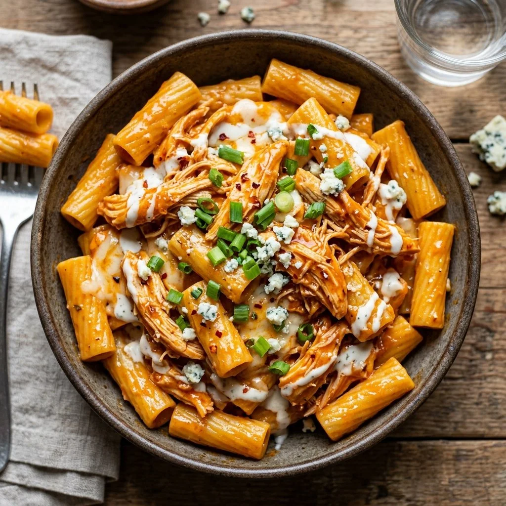 Delicious Buffalo Chicken Pasta served in a bowl with fresh herbs