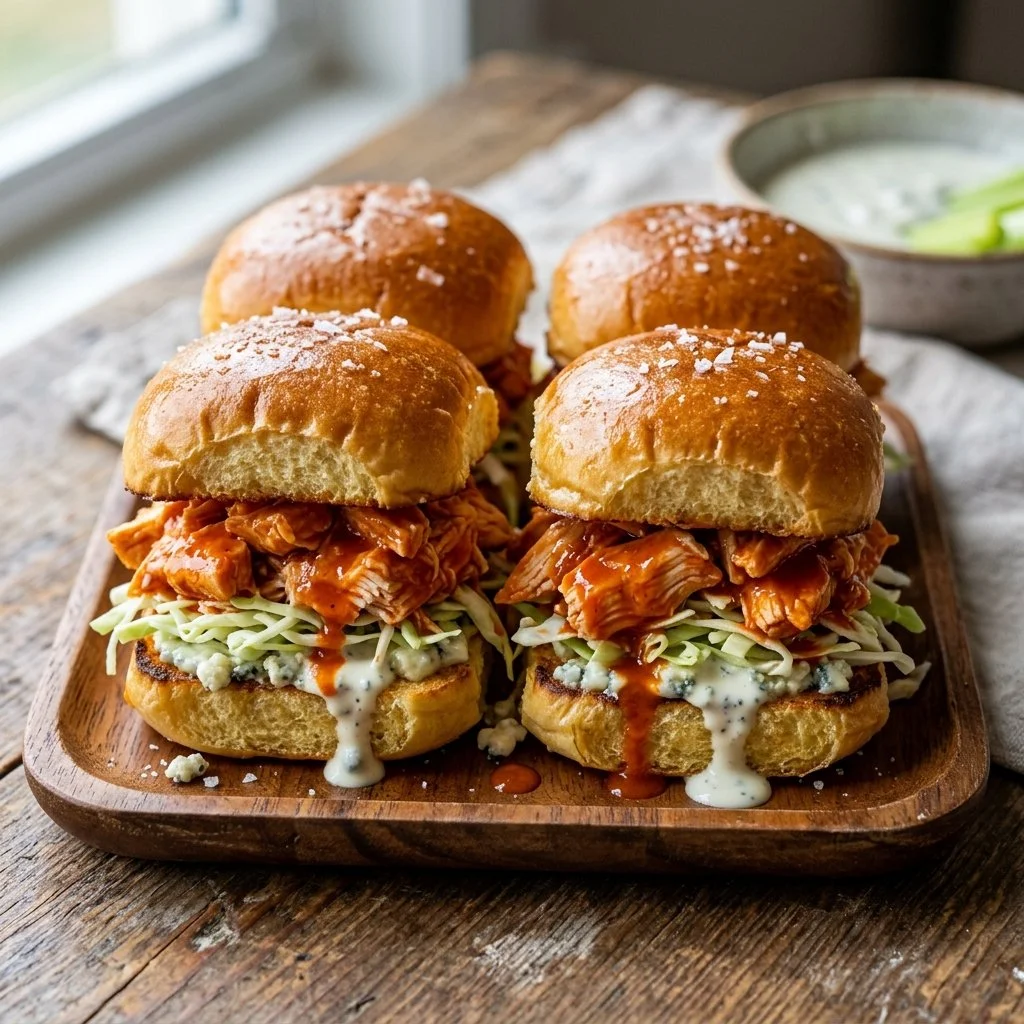 Buffalo Chicken Sliders served on a platter, garnished and ready to eat.