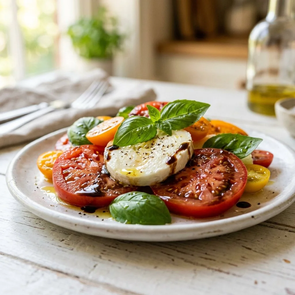 Fresh Caprese Salad with tomatoes, mozzarella, and basil on a white plate