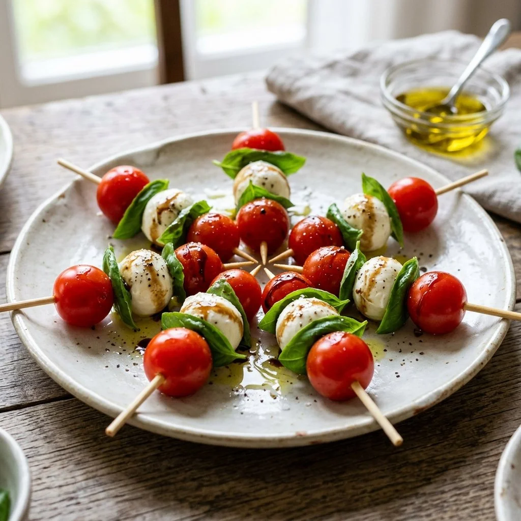 Delicious Caprese Salad Skewers with mozzarella, tomatoes, and basil.