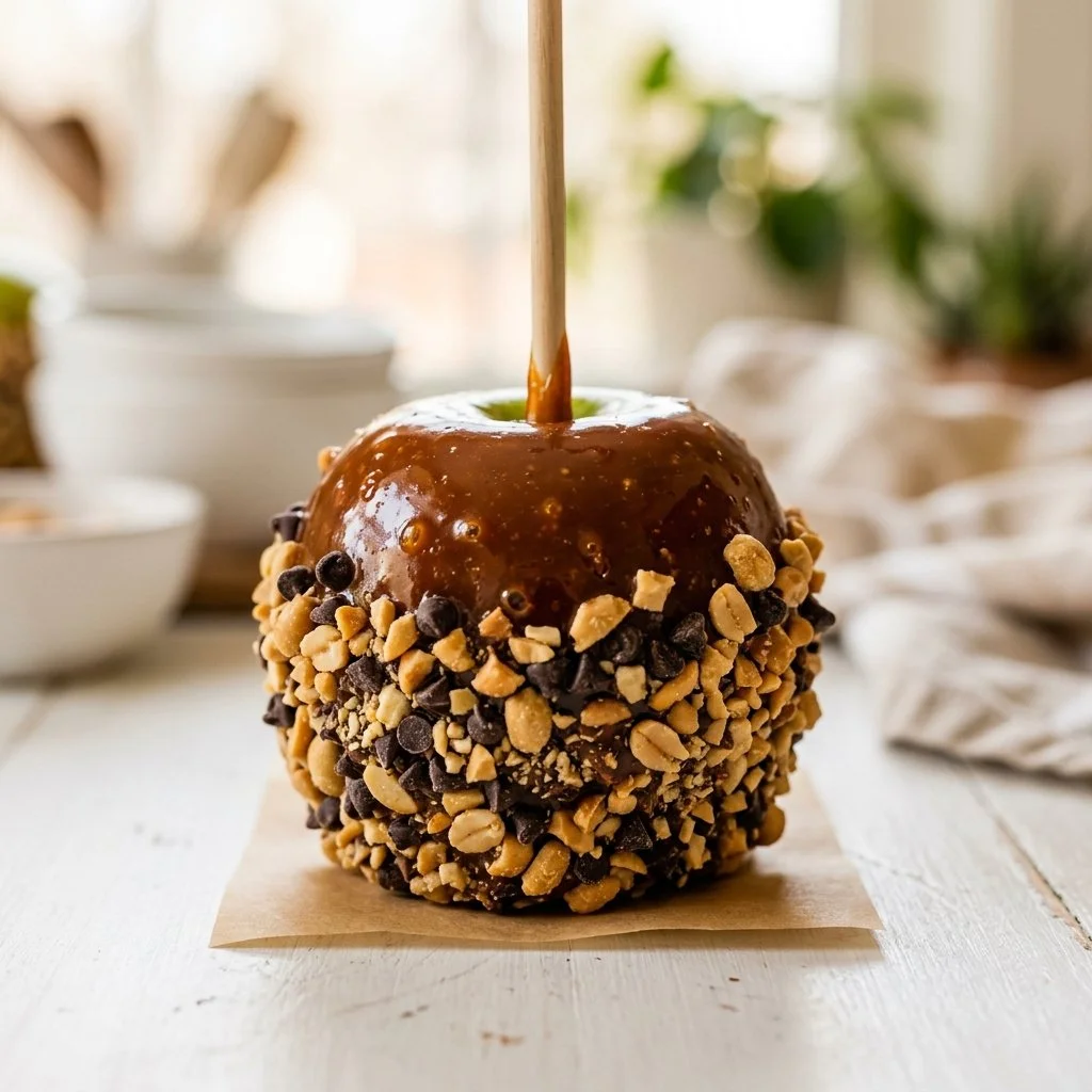 Delicious homemade caramel apples with nuts and chocolate drizzle