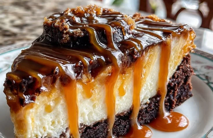 Delicious Caramel Brownie Cheesecake with caramel drizzle on top