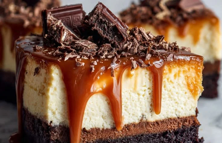 Slice of caramel brownie cheesecake on a plate with chocolate drizzle