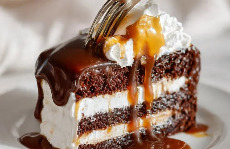 Delicious Caramel Cream Chocolate Cake topped with caramel drizzle.