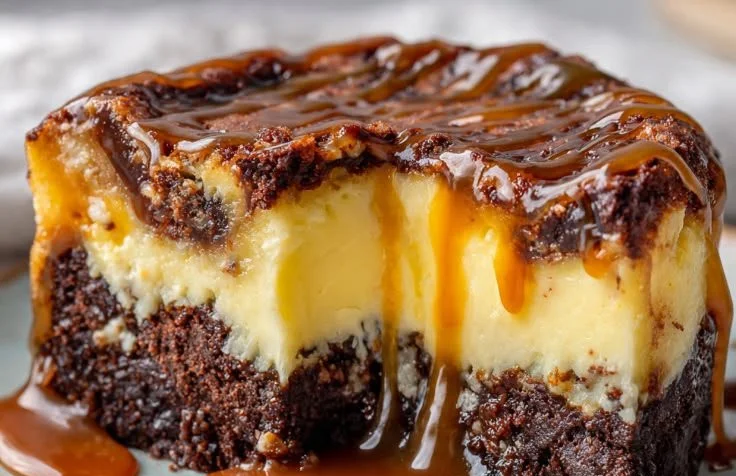 Delicious caramel swirl brownie cheesecake topped with chocolate drizzle.