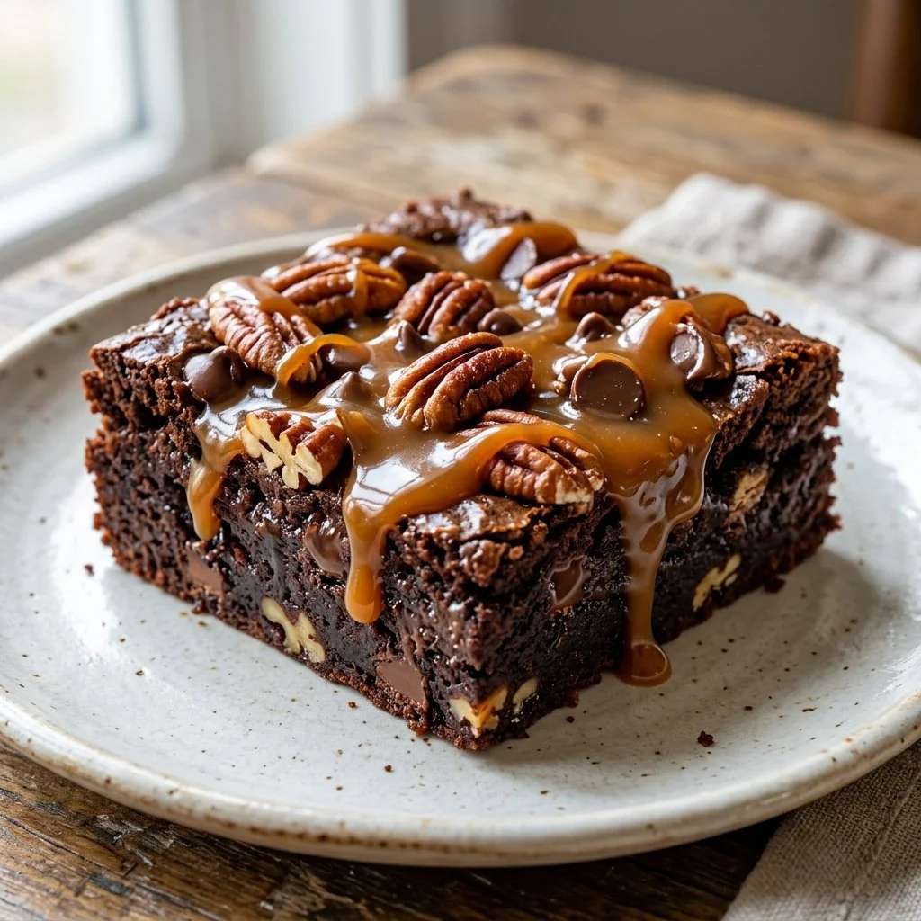 Delicious Caramel Turtle Brownies topped with caramel and pecans