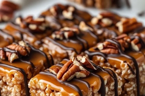 Delicious Caramel Turtle Rice Krispie Treats with caramel and chocolate topping