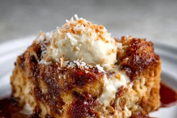 Delicious Caribbean Guava Coconut Bread Pudding served in a dessert dish