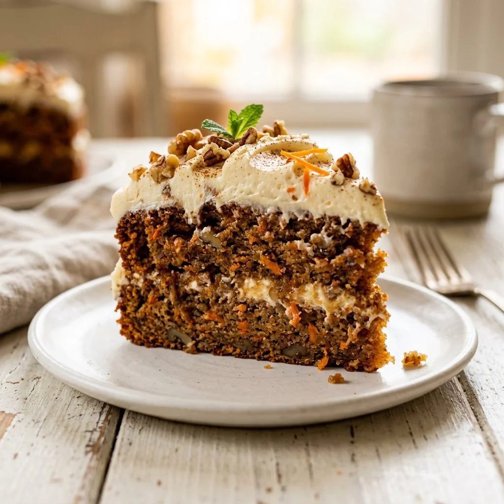 Delicious slice of homemade carrot cake with cream cheese frosting