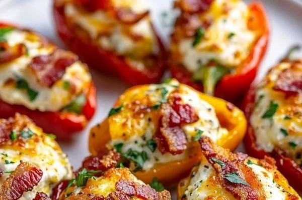 Cheese and bacon stuffed mini peppers on a platter