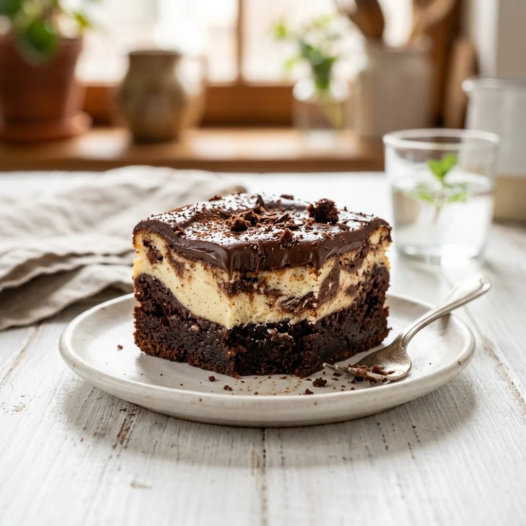Delicious cheesecake brownies with a creamy layer on top of fudgy brownie base