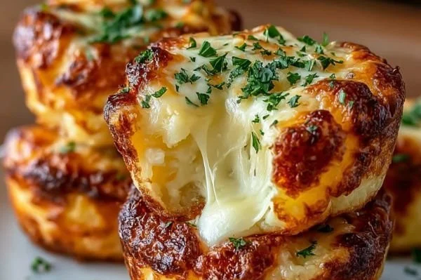 Cheesy mashed potato puff bites served on a plate.