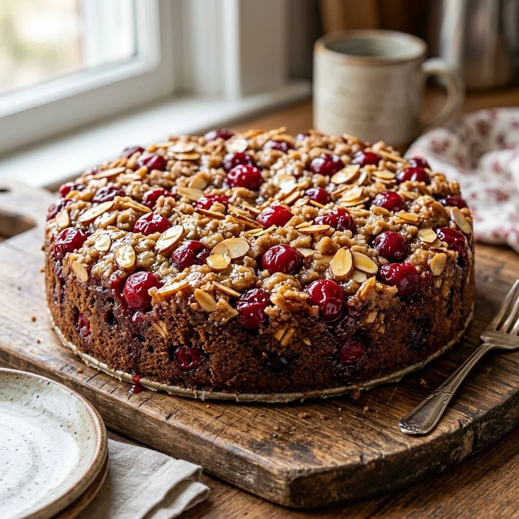 Cherry Almond Coffee Cake fresh out of the oven, topped with cherries and almonds
